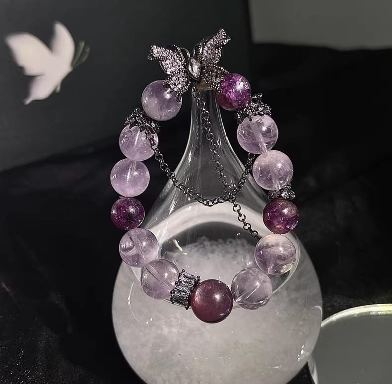 Amethyst, Purple Rutilated Quartz & Lepidolite Bracelet for Inner Peace & Emotional Healing