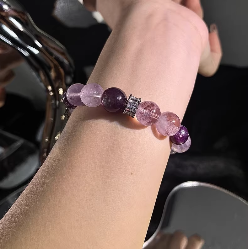 Amethyst, Purple Rutilated Quartz & Lepidolite Bracelet for Inner Peace & Emotional Healing