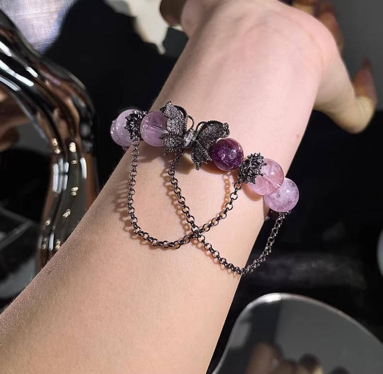 Amethyst, Purple Rutilated Quartz & Lepidolite Bracelet for Inner Peace & Emotional Healing
