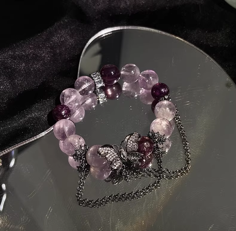 Amethyst, Purple Rutilated Quartz & Lepidolite Bracelet for Inner Peace & Emotional Healing