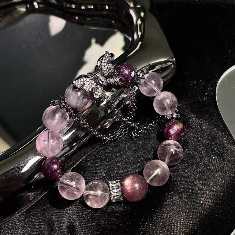 Amethyst, Purple Rutilated Quartz & Lepidolite Bracelet for Inner Peace & Emotional Healing